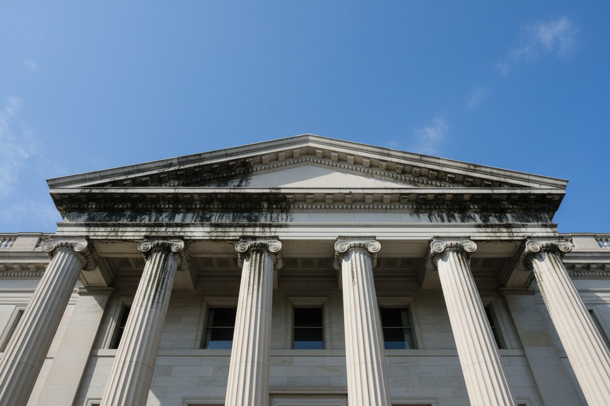 Neoclassical government building façade — before cleaning (simulated)