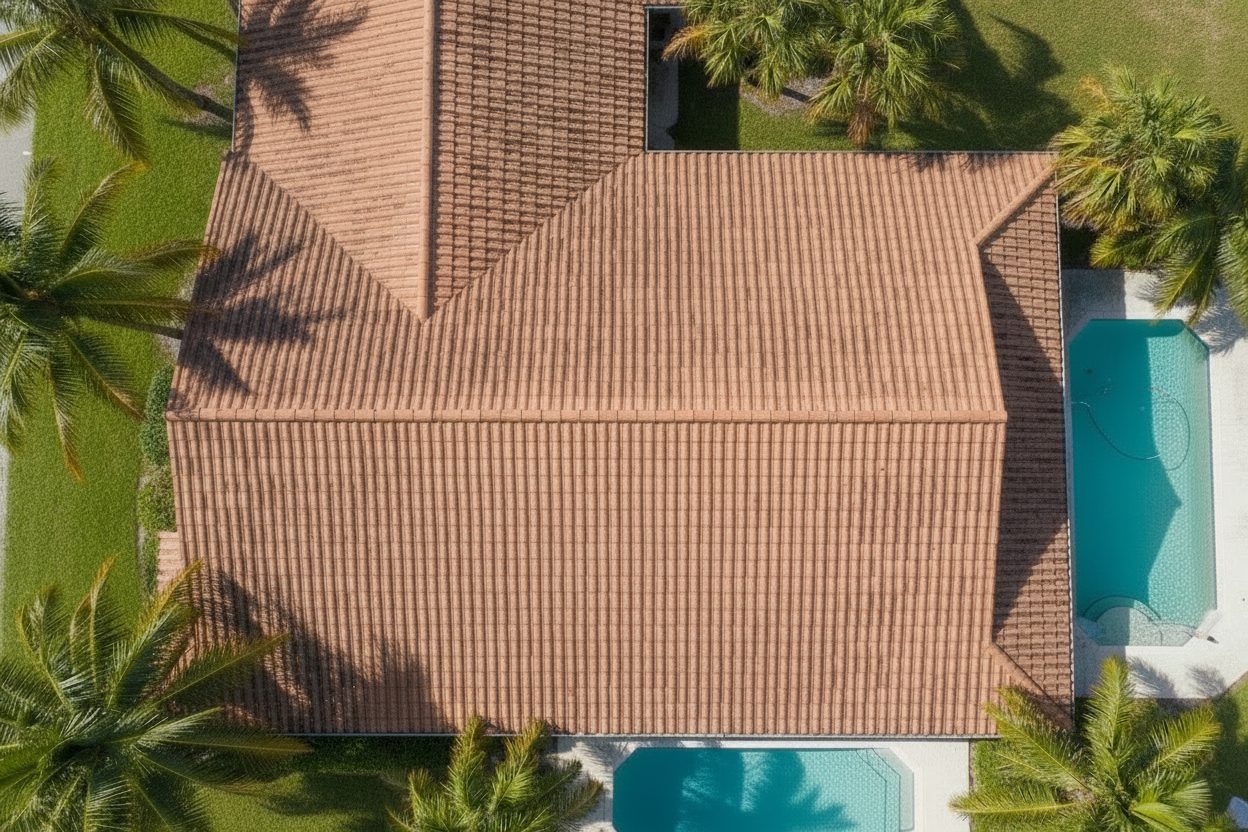 Aerial view of a Florida barrel tile roof — after cleaning (simulated)
